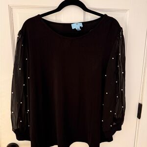 CeCe Black Blouse with Sheer Pearl Sleeves